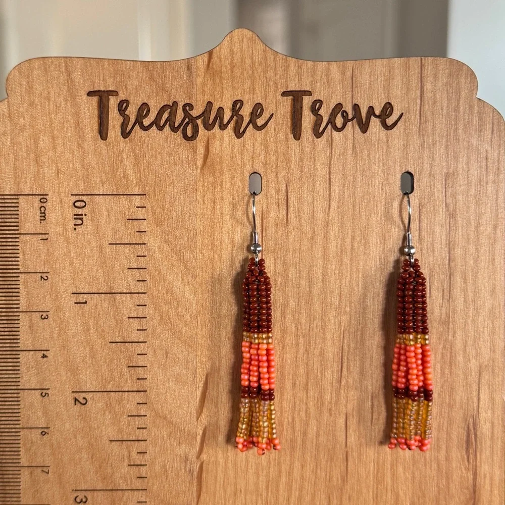 Brown Topaz Coral Orange Tassel Earrings‎ Seed Bead Jewelry Handmade 2.5”